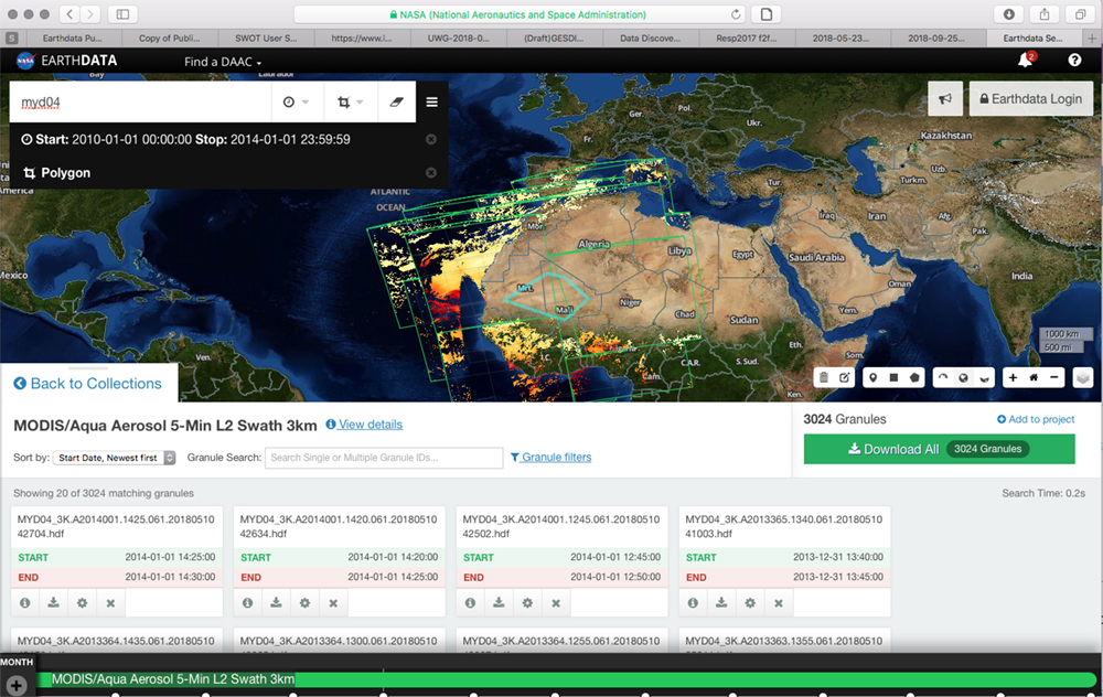 screenshot of NASA Earth Data site page for MODIS/Aqua 5min L2 Swath 3km